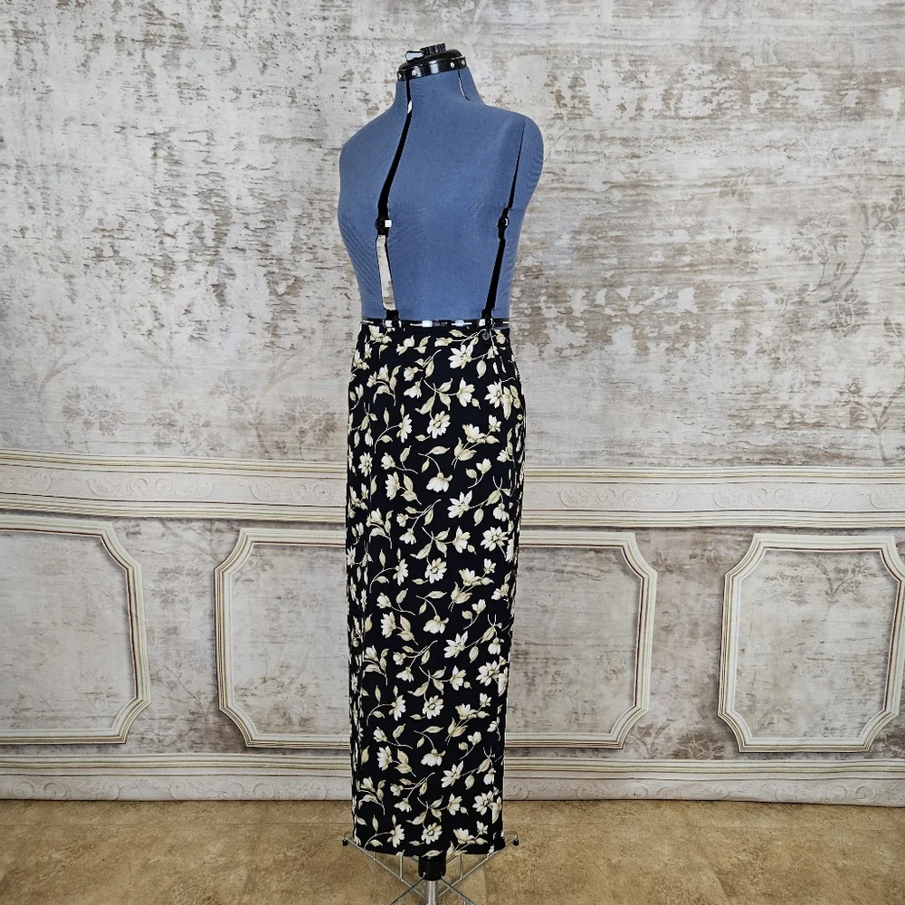 Vintage 1990s Silk Black Floral Maxi Skirt M Column 90s Jones New York Grunge